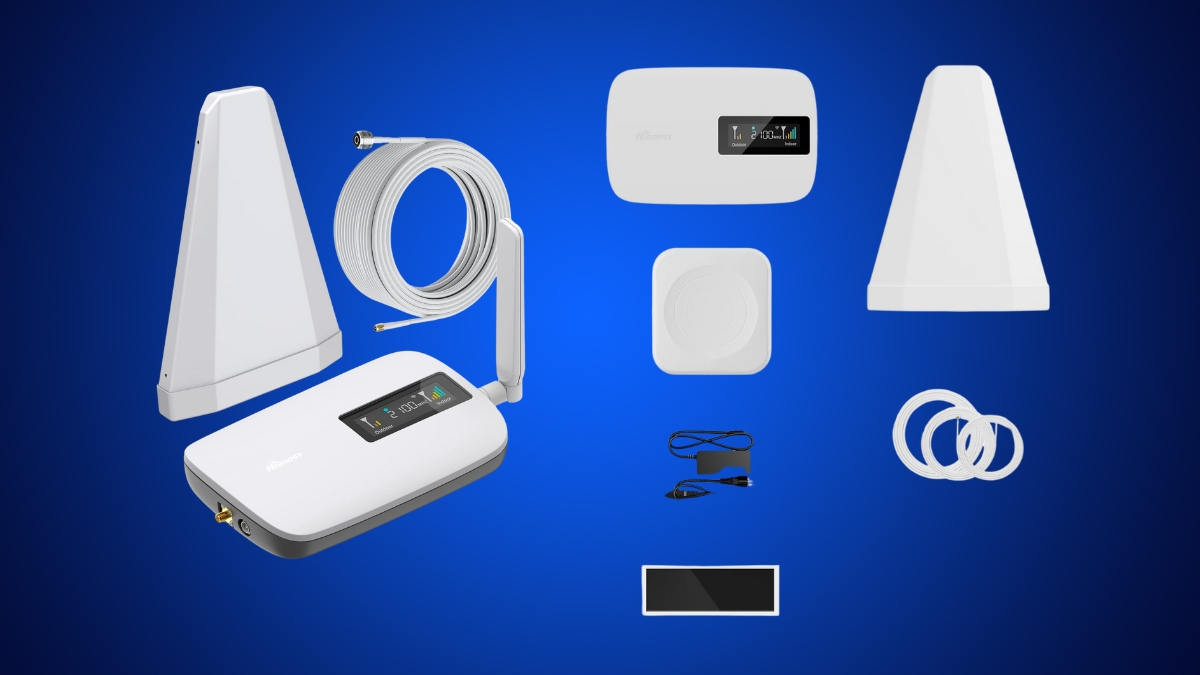 HiBoost cell phone signal booster kit with antennas, cables, power adapter, and display screen on a blue background.