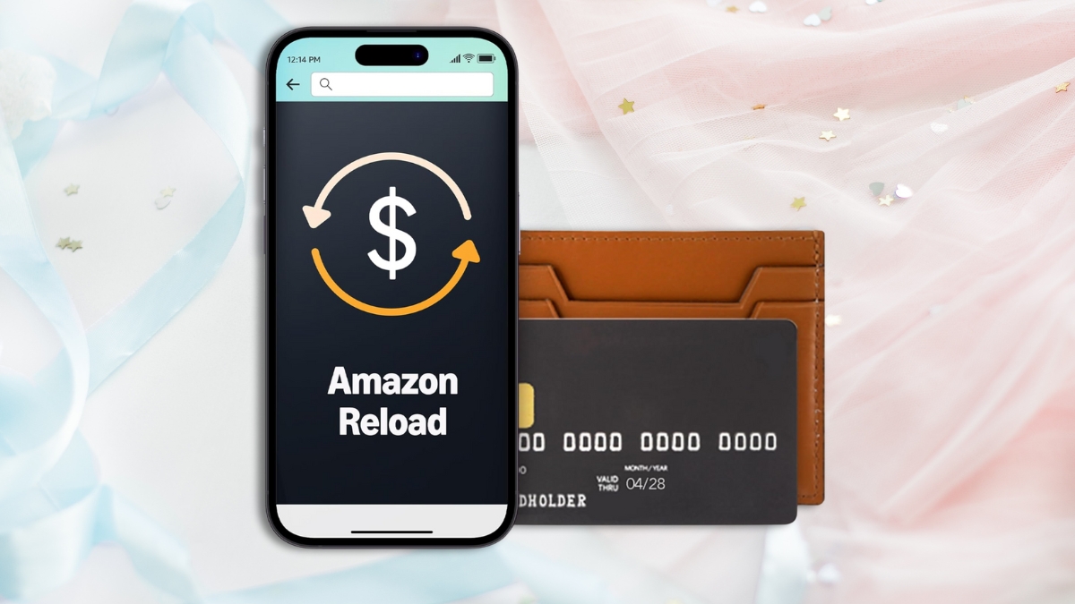 A smartphone screen displays "Amazon Reload" with a dollar sign and arrows, next to a brown wallet holding a black credit card, placed on a soft, decorative background.