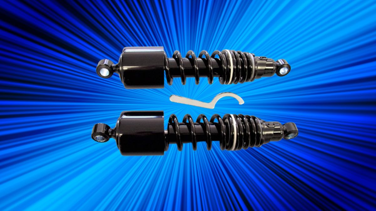 Gloss black MPOI 12.25-inch motorcycle shocks on a blue background.