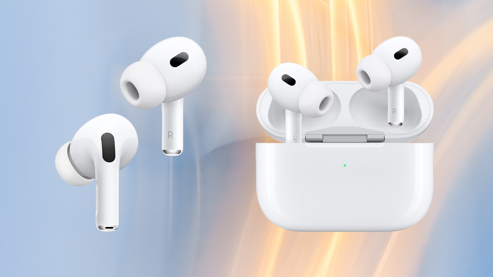 Apple AirPods Pro 2 wireless earbuds with a white charging case, shown floating against a blue and orange gradient background.