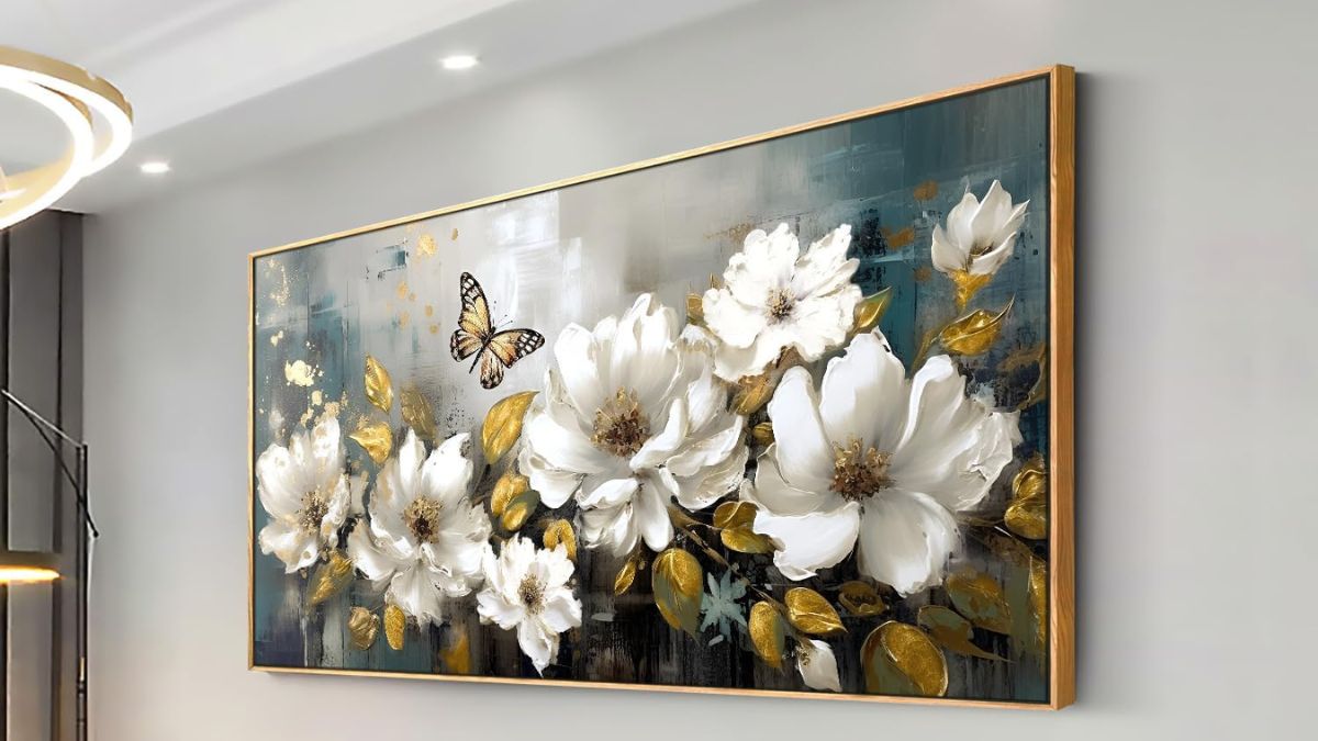 Beautiful flower canvas wall art with delicate white blossoms, golden leaves, and an elegant butterfly on a neutral background.