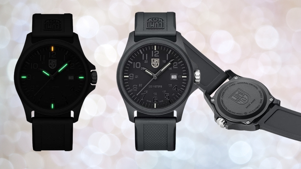 A Luminox G Patagonia CARBONOX watch in black, shown from three angles, highlighting its rugged design, glow-in-the-dark illumination, and durable water-resistant case.
