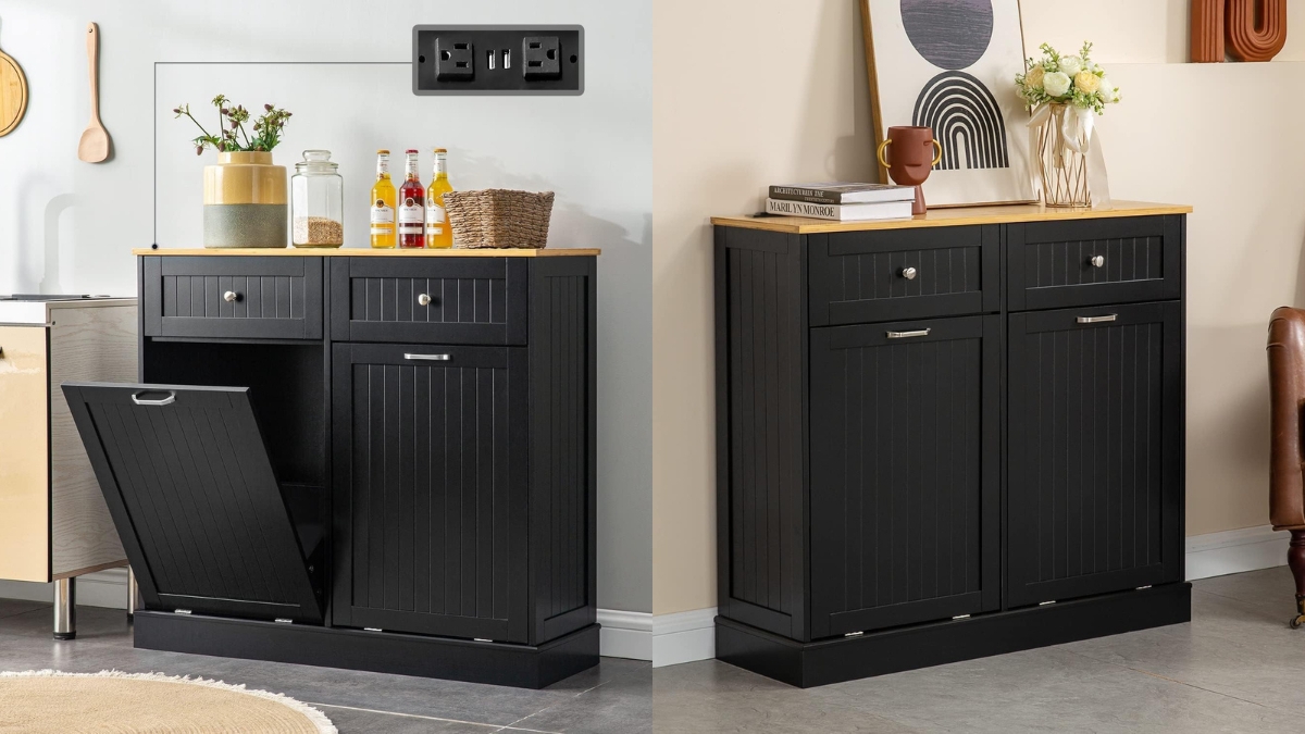 GAZHOME Double Tilt-Out Trash Cabinet: Stylish Storage with Smart Charging