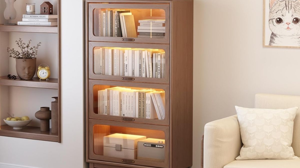 Solid Wood Bookcase 4 Tier With Tempered Glass Doors 60 Inch.