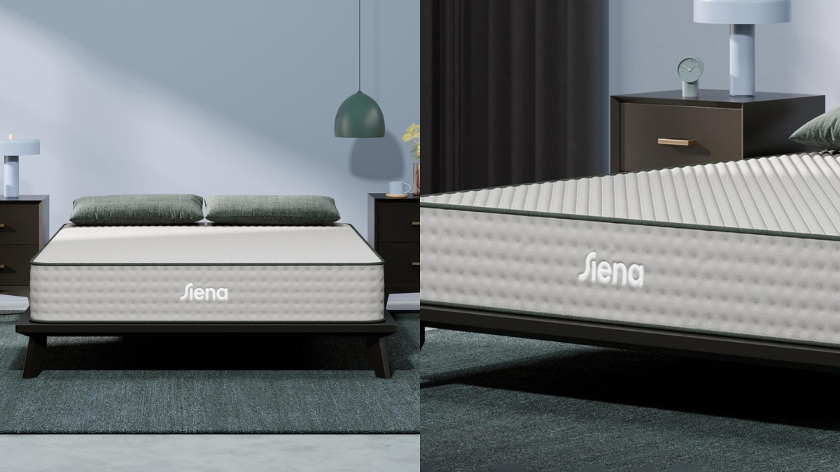 Siena memory foam mattress shown on a platform bed with soft pillows in a modern bedroom setup.