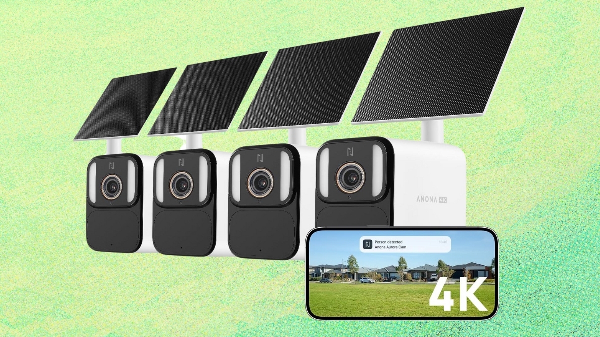 Four Anona Aurora 4K solar security cameras with solar panels and a phone screen showing live 4K video footage.