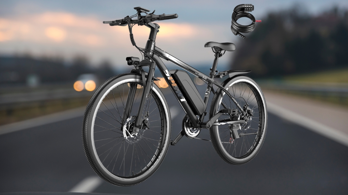 Black Misodo electric bike with a built-in battery and disc brakes, shown on a road with a coiled lock.