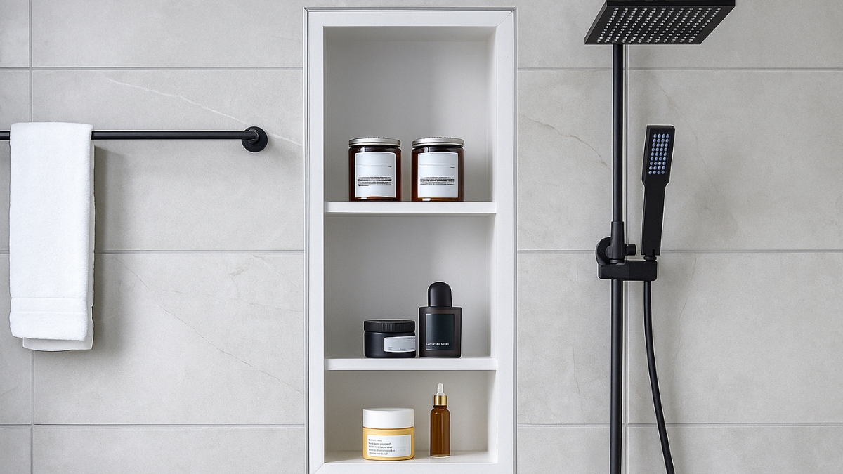 White stainless steel shower niche with three shelves holding bath products, built into a tiled wall beside a black shower fixture.