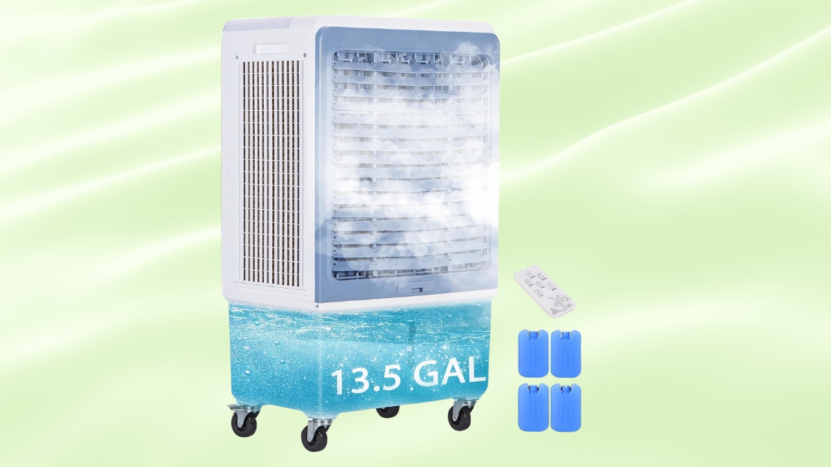 A swamp cooler with a 13.5-gallon water tank, remote control, and ice packs for enhanced cooling on rolling wheels.