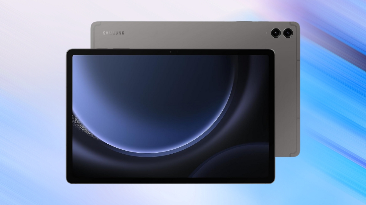 Front and back view of the Samsung Galaxy Tab S9 FE Plus showing its slim design and dual rear cameras.