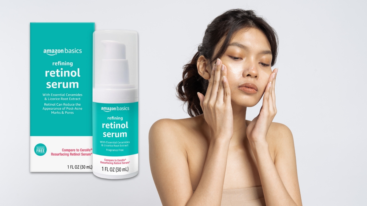 A woman applies Amazon Basics Retinol Serum for Face while the product packaging is shown beside her.