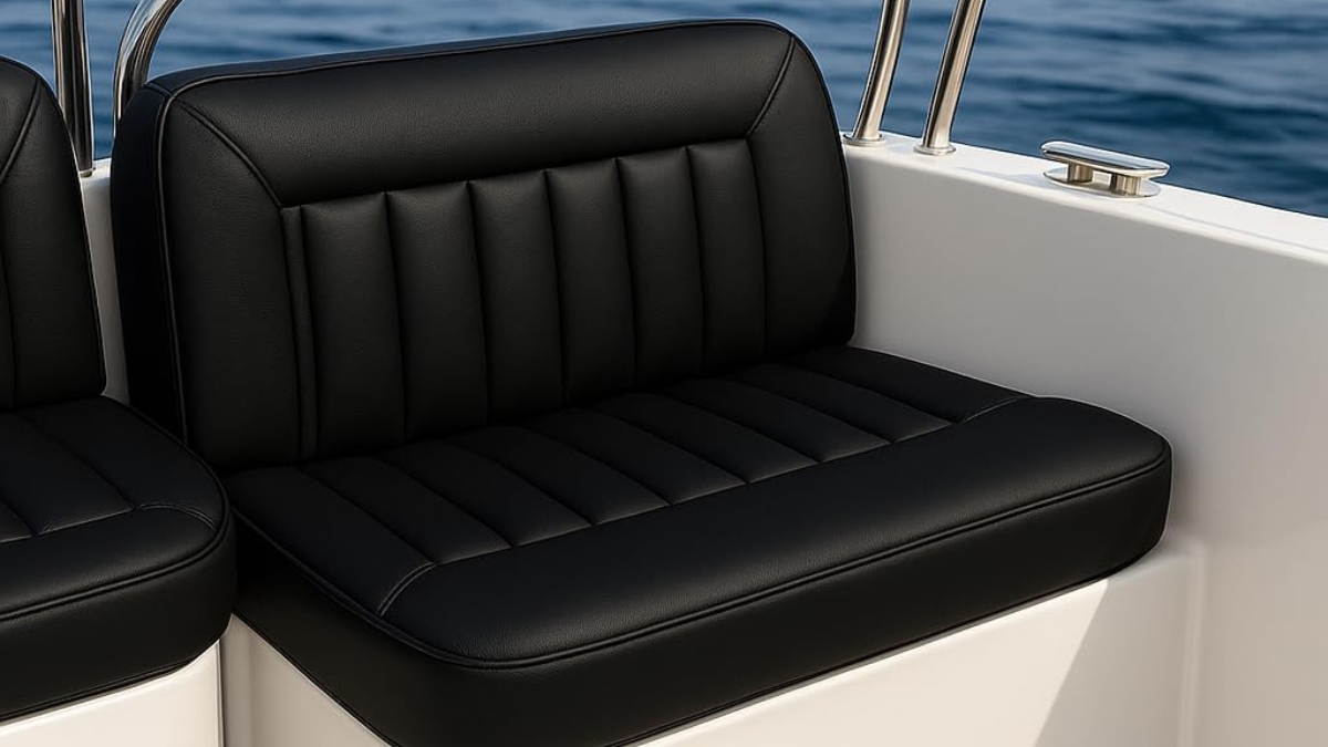 Black waterproof upholstery vinyl fabric on a boat seat with stitched details and a smooth finish.