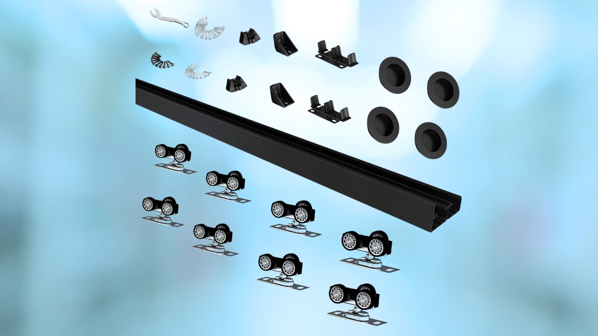 Bypass door hardware set with black track, rollers, guides, and mounting parts shown on a blue background.