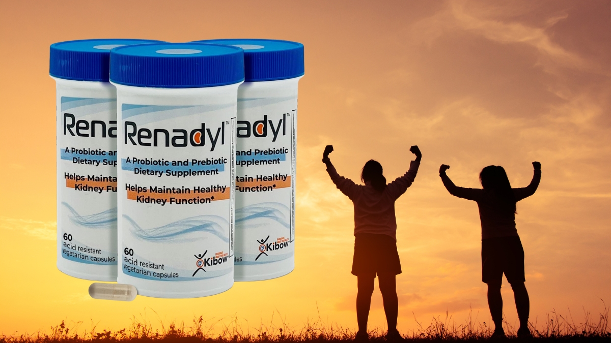 Silhouettes of two people celebrating at sunset beside three bottles of Renadyl Kidney Probiotic Supplement for kidney health support.