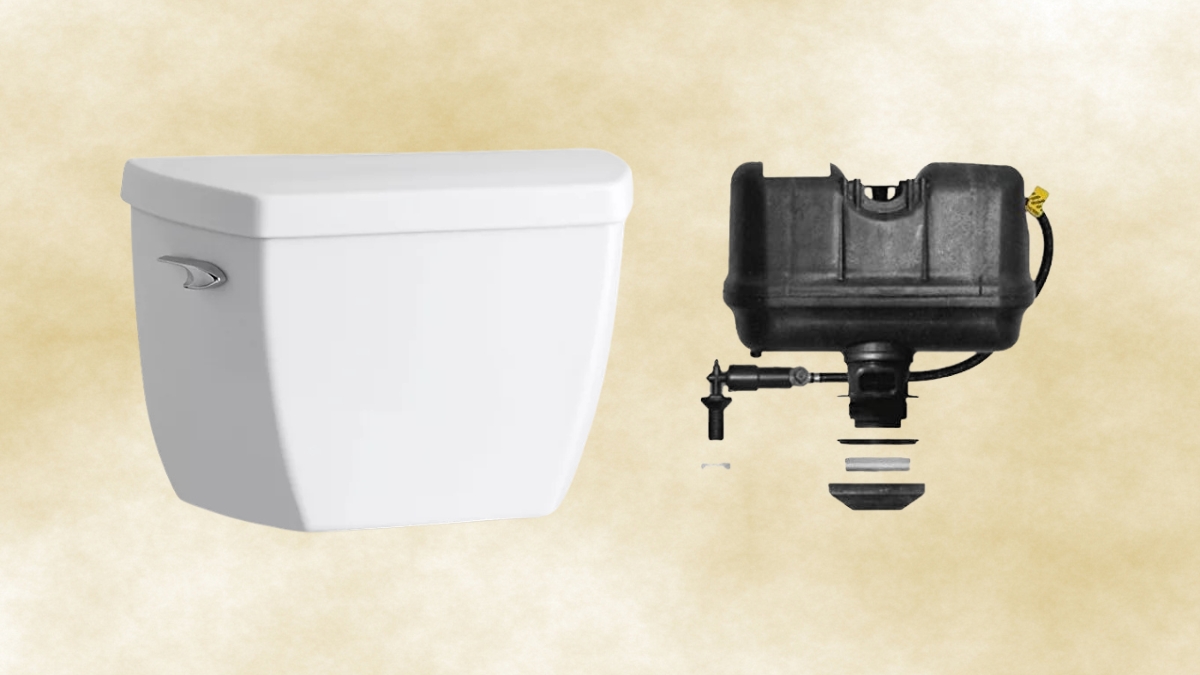 White toilet tank on the left and a black Flushmate M-101526-F43 pressure-assisted system with parts on the right.