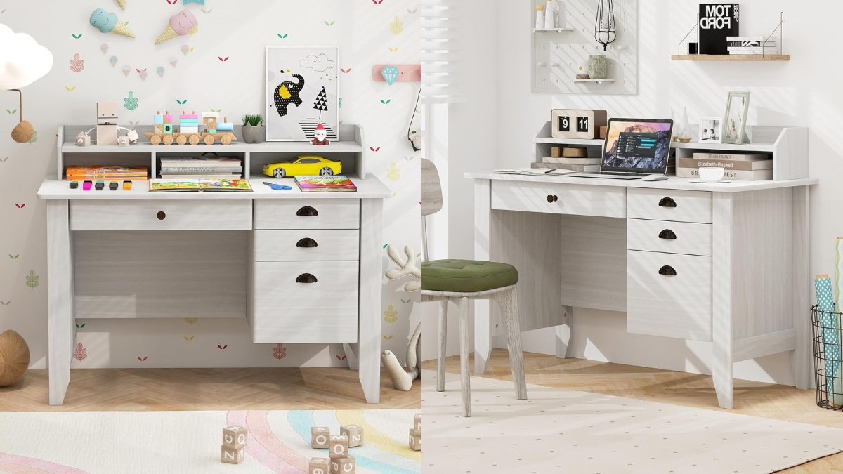 Two white Safeplus computer desks with drawers and hutch shown in kids’ and home office setups.