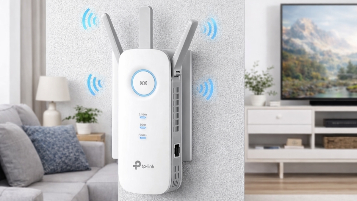 TP-Link AC1900 WiFi Range Extender RE550 plugged into a wall outlet, showing three external antennas and signal indicators, boosting wireless coverage in a modern living room with a TV and sofa in the background.
