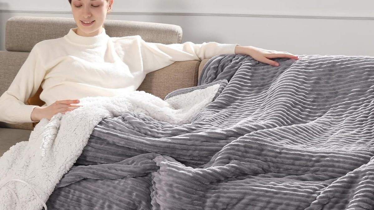 Electric Throw Heated Throw 50''x60'': Luxurious Striped Flannel & Thicker Sherpa Comfort