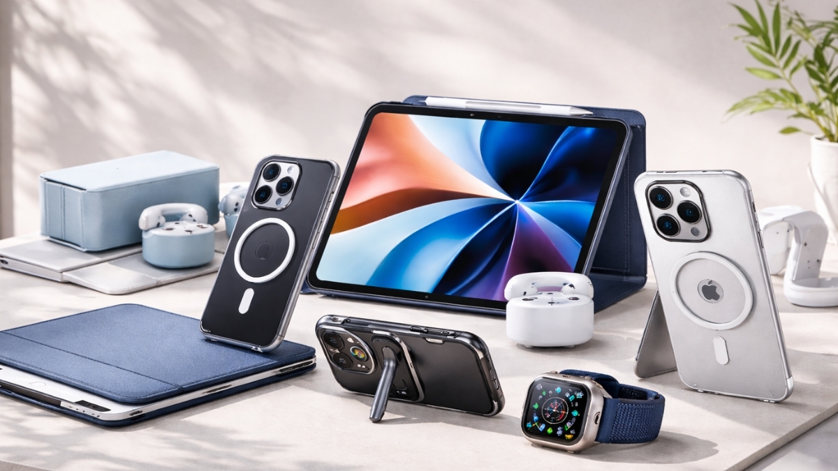 ESR TECH cases for Apple products displayed on iPhone, iPad, AirPods, and Apple Watch with MagSafe stands and protective designs