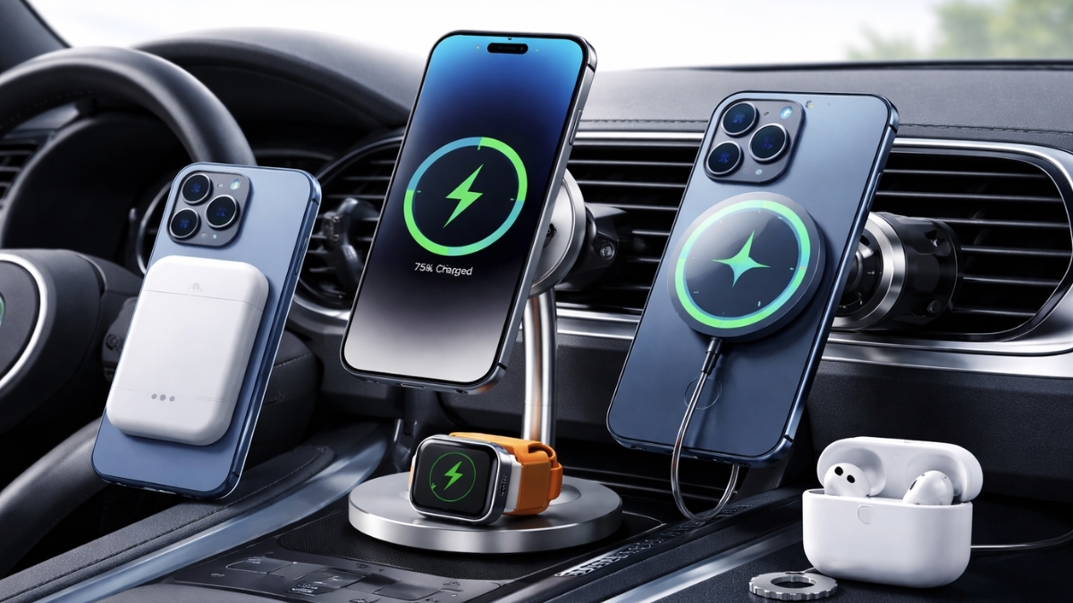 ESR TECH MagSafe car charger and wireless charging setup with iPhone, Apple Watch, AirPods, and magnetic power bank inside a vehicle dashboard