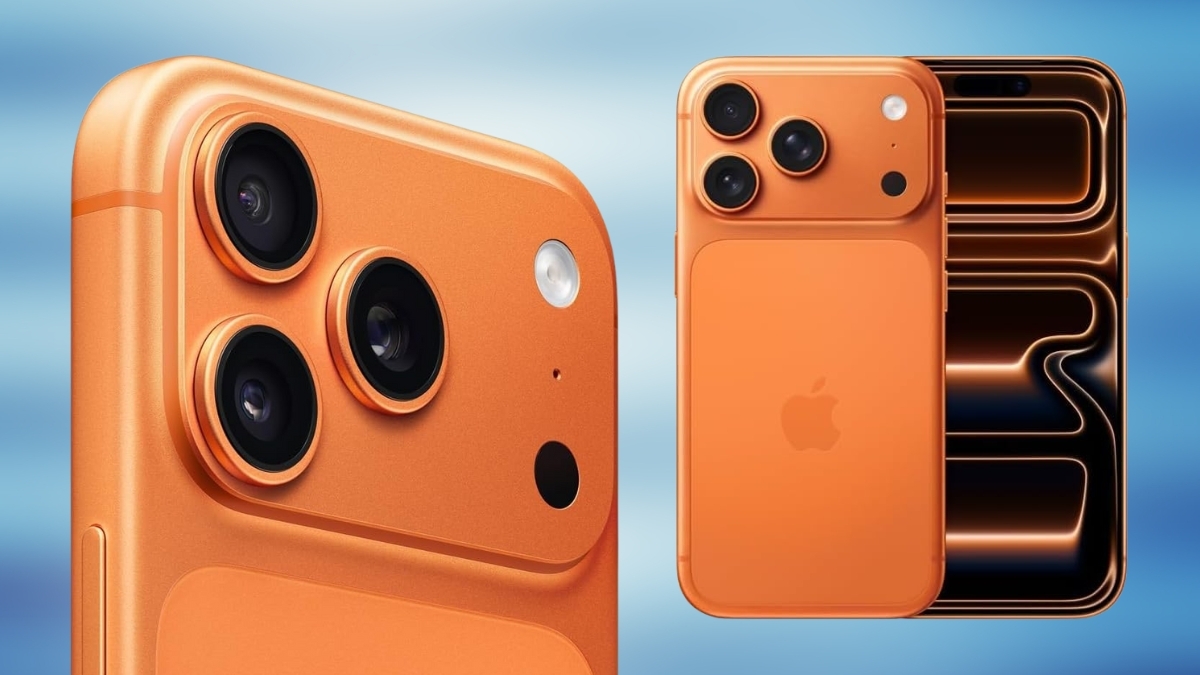 Apple iPhone 17 Pro Renewed in orange finish showing triple-camera rear design