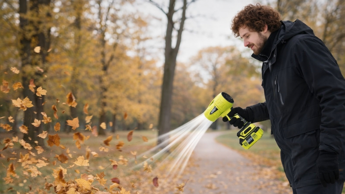 Person using SEESE Turbo Jet cordless leaf blower clearing autumn leaves on pathway