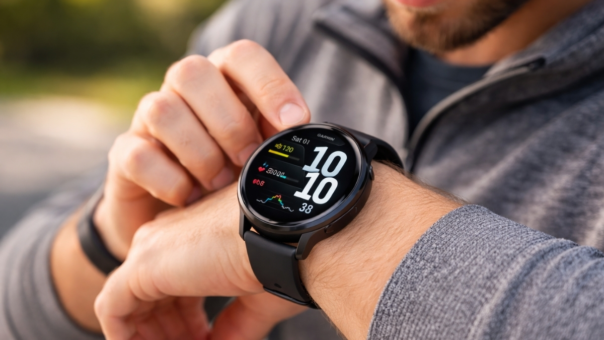 Garmin Venu 4 smartwatch on wrist displaying fitness metrics and AMOLED screen