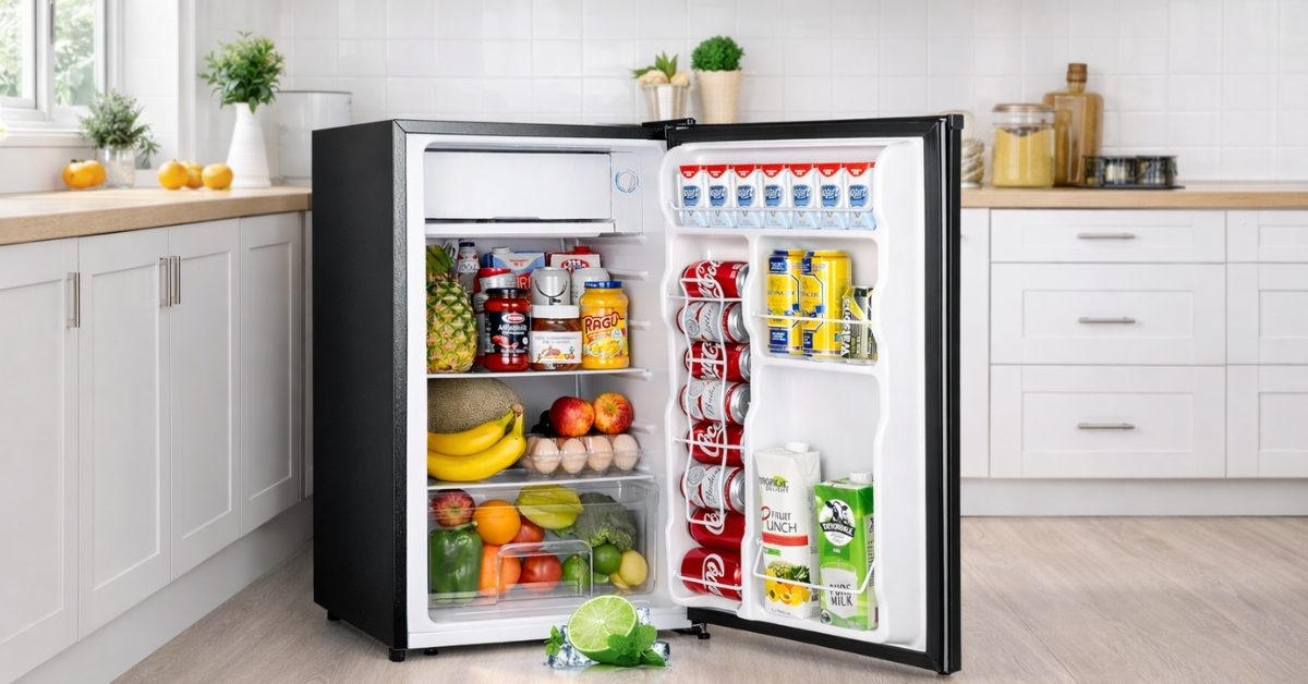 Upstreman 3.2 Cu.Ft Mini Fridge with freezer, stocked shelves, modern kitchen setting