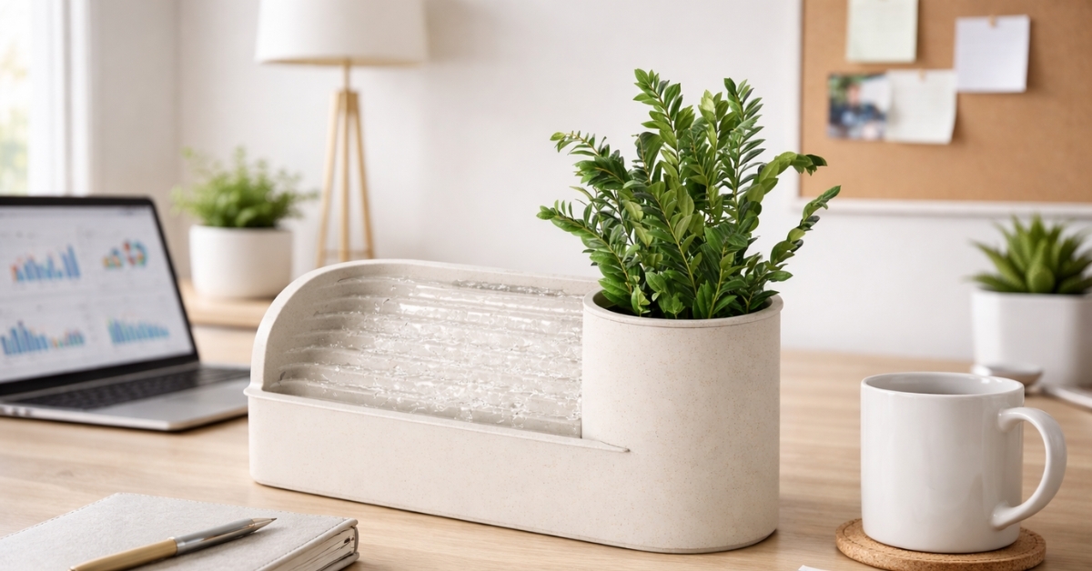 Umbra Stream Desktop Water Fountain on office desk with plant and laptop background