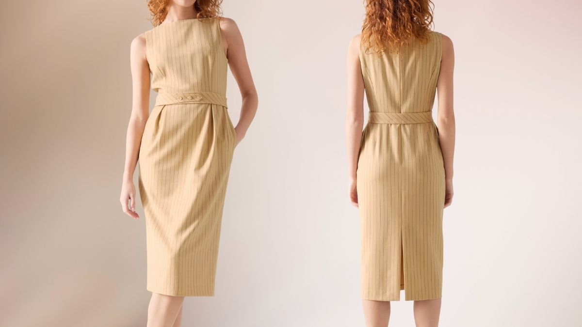 Winnie Camel Multi Wool Pinstripe Dress