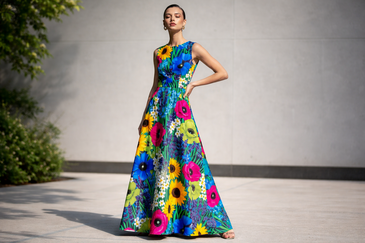 Energy Wildflowers Floral Maxi Dress in vibrant orange and pink hues on model