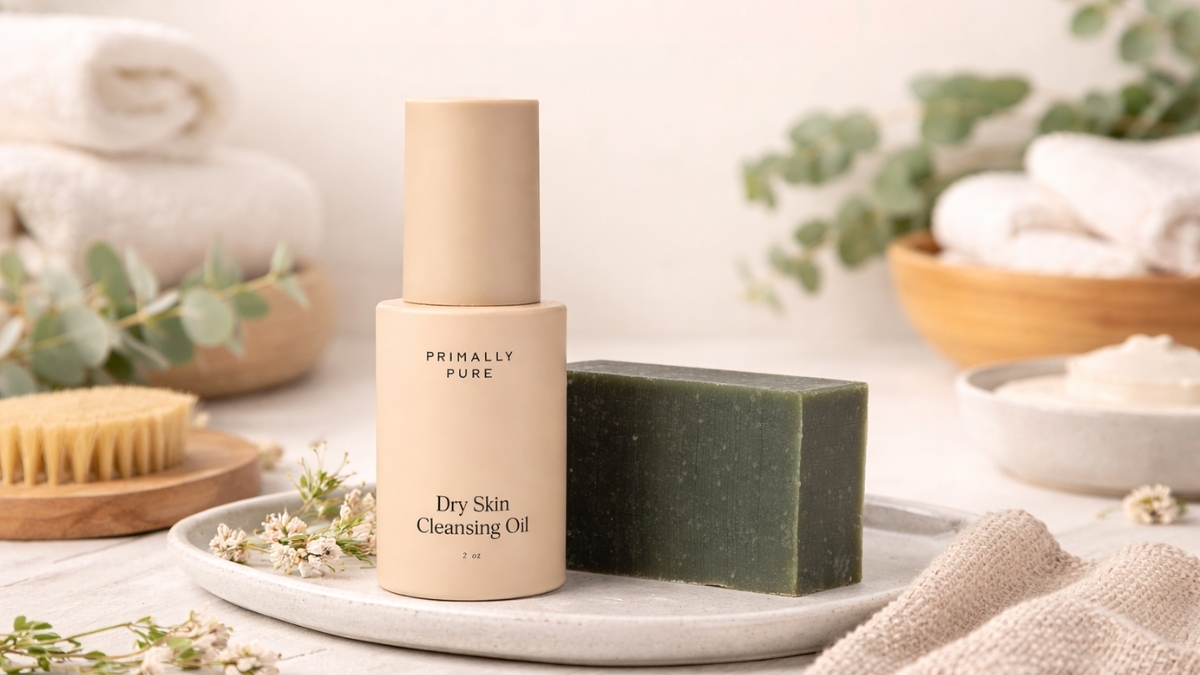 Primally Pure Double Cleansing Kit with dry skin cleansing oil and natural facial bar on neutral spa background