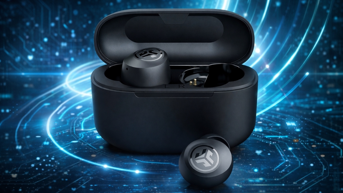 Alt text: JLab Go Air Pop+ true wireless earbuds in black charging case with futuristic blue tech background