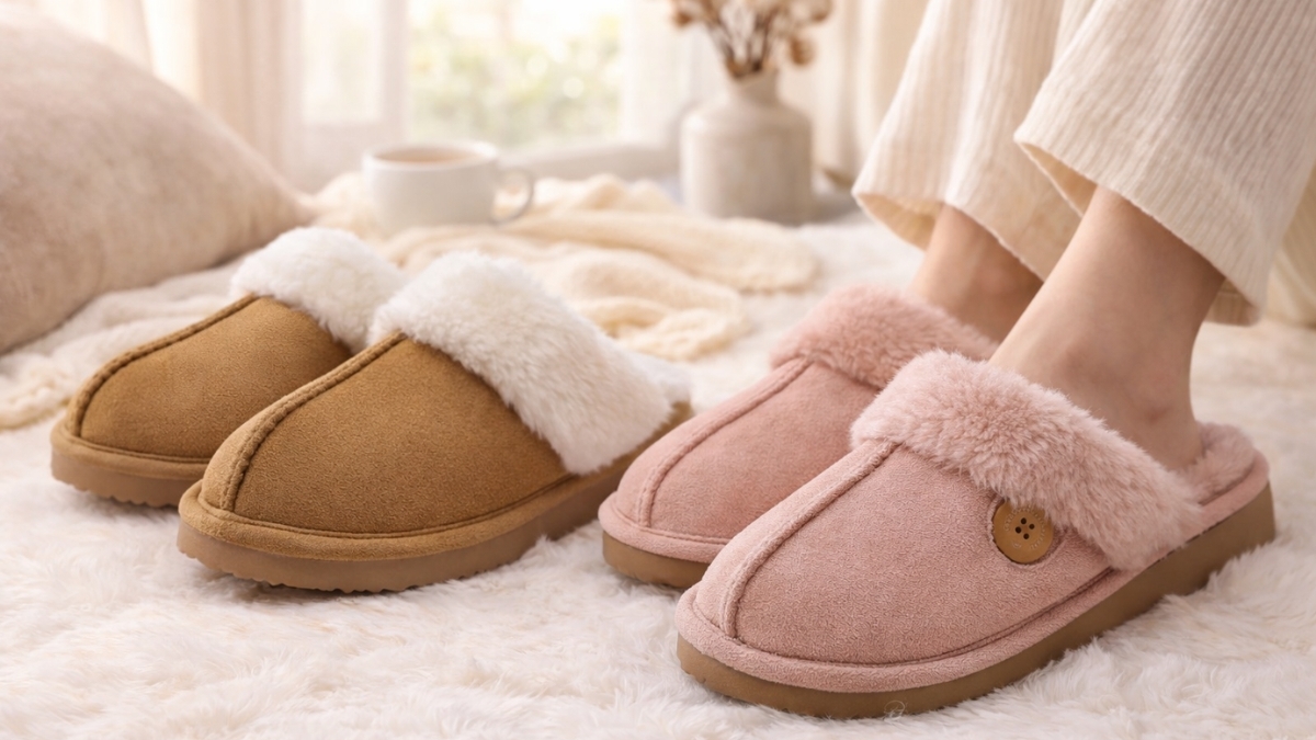Litfun Women’s Fuzzy Memory Foam Slippers in pink and brown with plush faux fur lining and anti-skid sole on soft bedroom rug