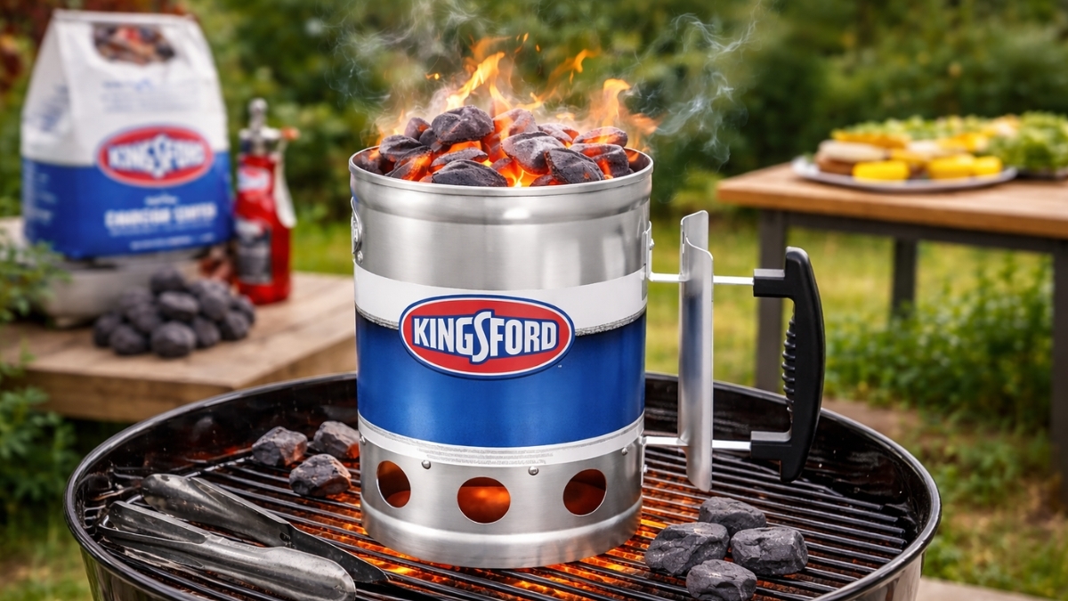 KINGSFORD Heavy Duty Deluxe Charcoal Chimney Starter lighting charcoal briquettes on outdoor grill with glowing coals and smoke rising