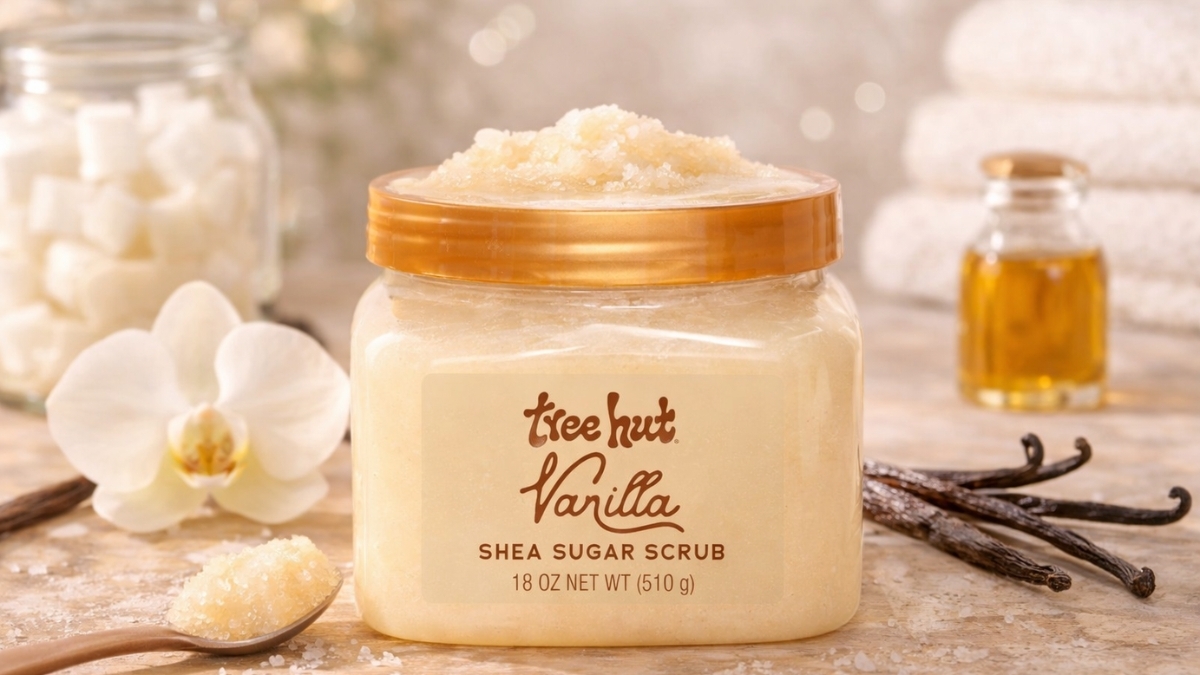 Tree Hut Vanilla Shea Sugar Scrub 18 oz jar with golden lid, creamy sugar texture, vanilla pods, orchid flower, and spa-style background.