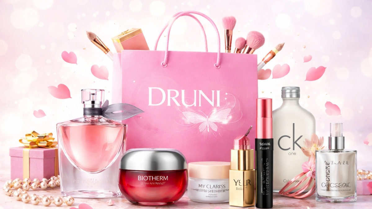 Druni pink shopping bag with luxury perfumes, skincare creams, and makeup products on display