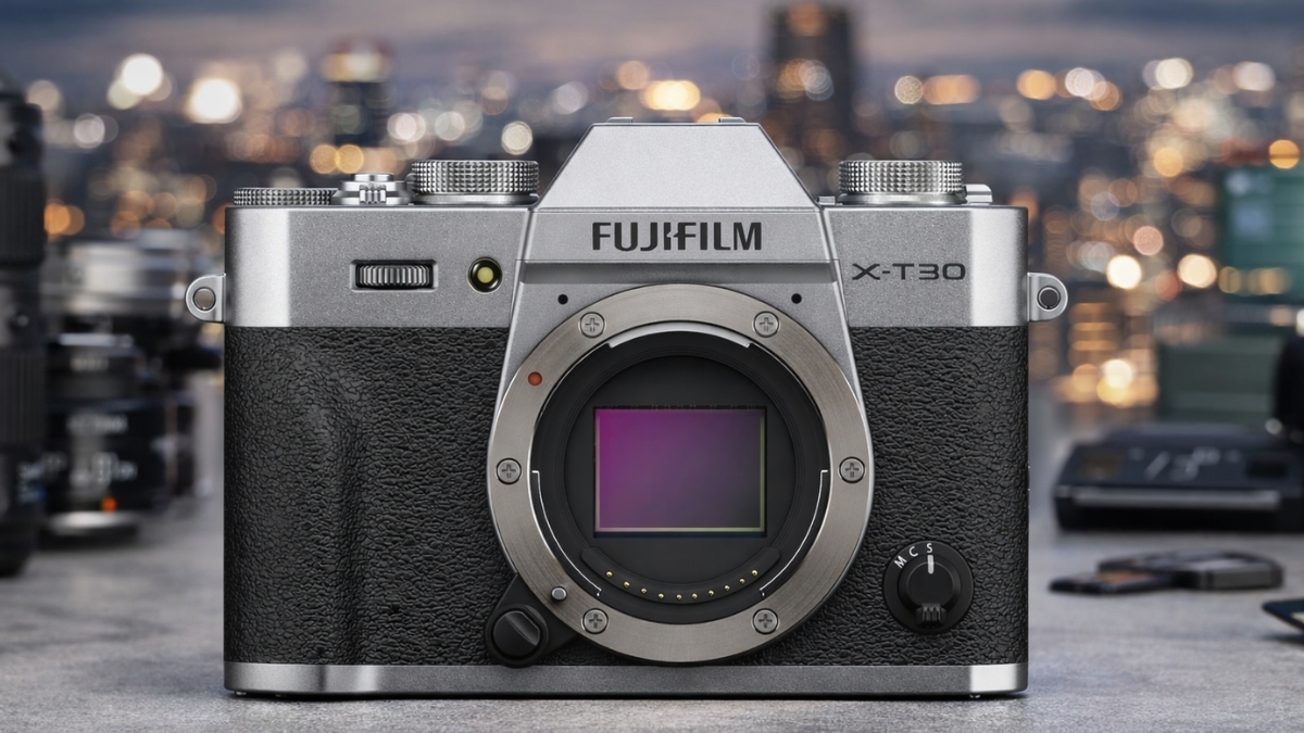 FUJIFILM X-T30 III Mirrorless Camera body with exposed APS-C sensor, silver and black retro design, photographed on a table with blurred city lights in the background