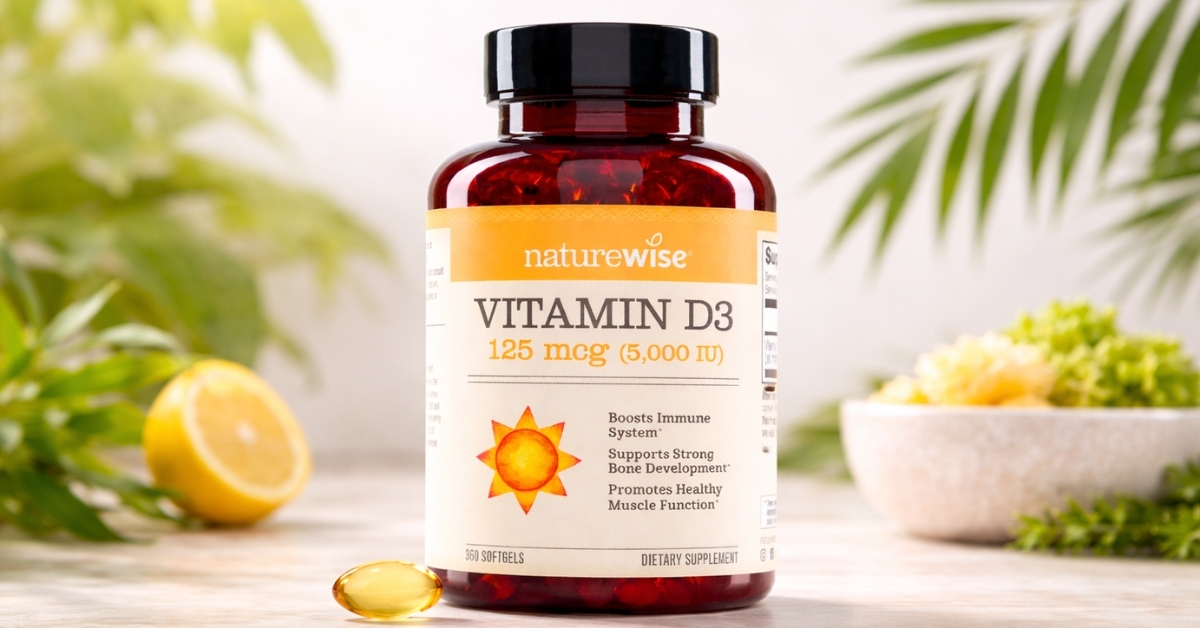 "NatureWise Vitamin D3 5000 IU supplement bottle with softgels, promoting immune support, strong bones, and healthy muscle function, placed next to fresh lemon and greenery."