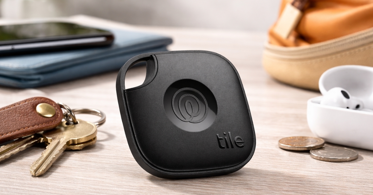 Tile Mate by Life360 Bluetooth item tracker beside keys, wallet, and everyday essentials