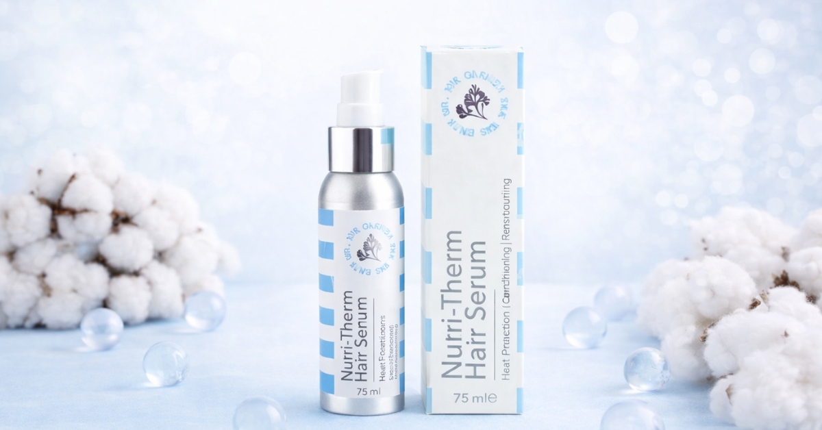 Nutri-Therm Hair Serum bottle and packaging, silicone-free heat protection serum for smooth hair