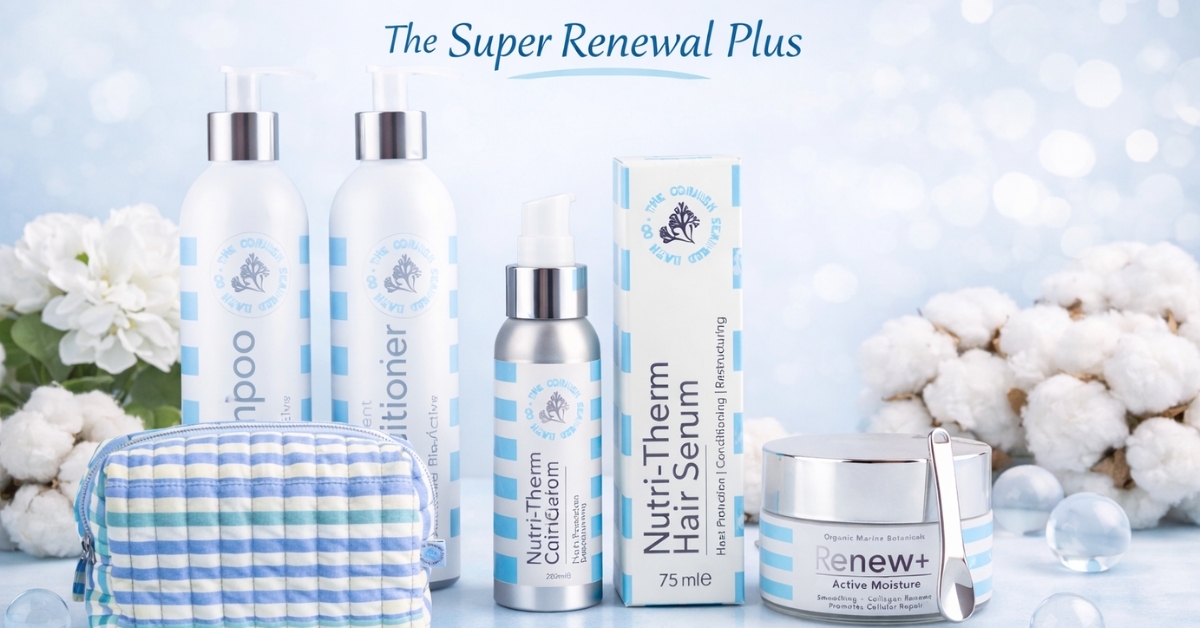 The Super Renewal Plus Bundle seaweed hair and skin care products with travel bag