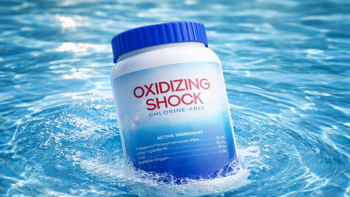 POOLHOUR Chlorine-Free Oxidizing Shock container sitting in clear blue spa water