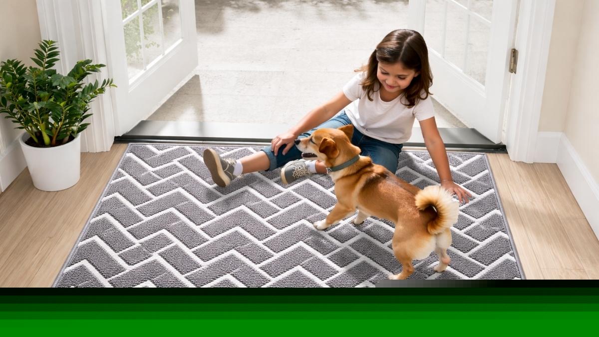 Child playing with dog on gray OLANLY front door mat inside bright entryway with non-slip design