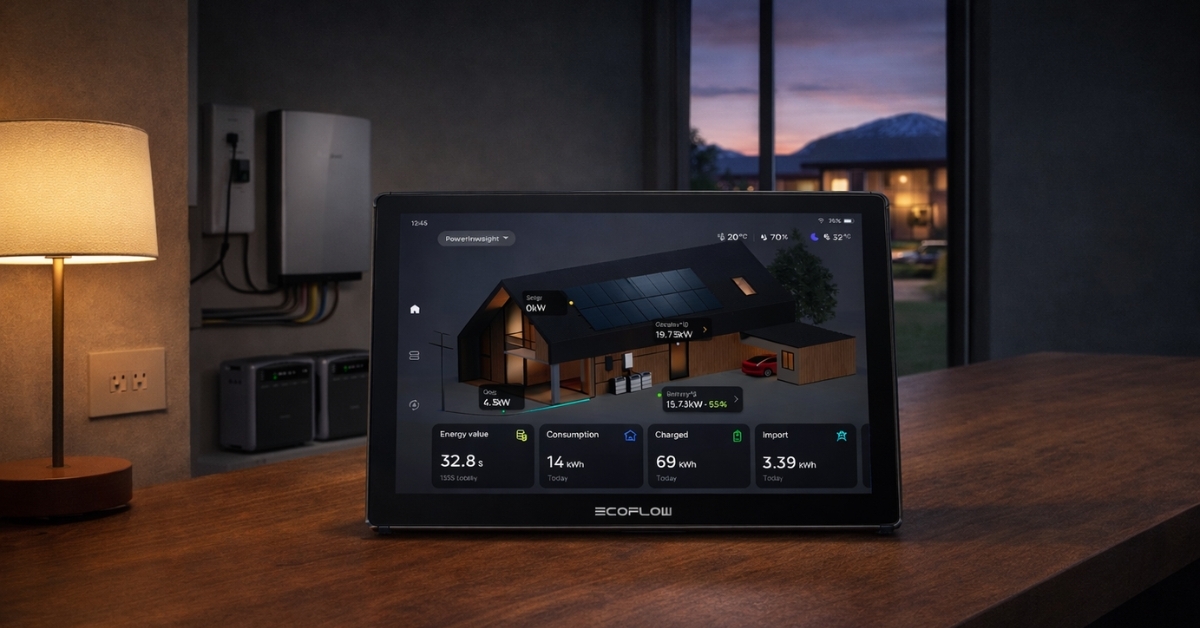 Alt text: EcoFlow PowerInsight smart home energy management display showing solar, battery, and grid power data on a 10-inch touchscreen inside a modern home at dusk.