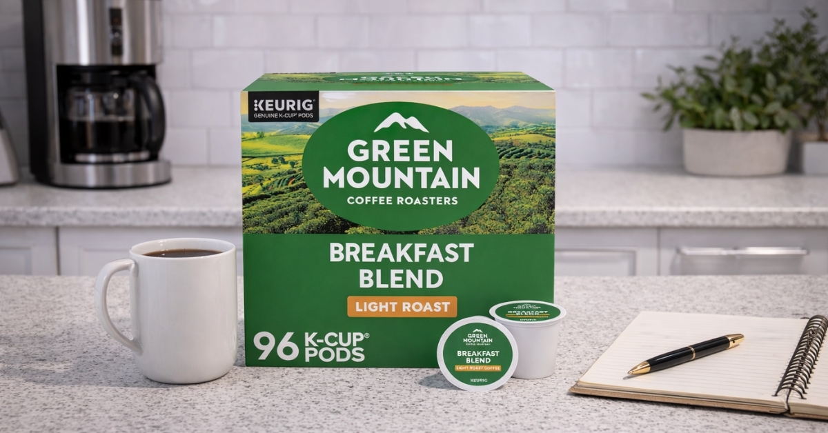 Green Mountain Coffee Roasters Breakfast Blend light roast K-Cup pods box with coffee cup
