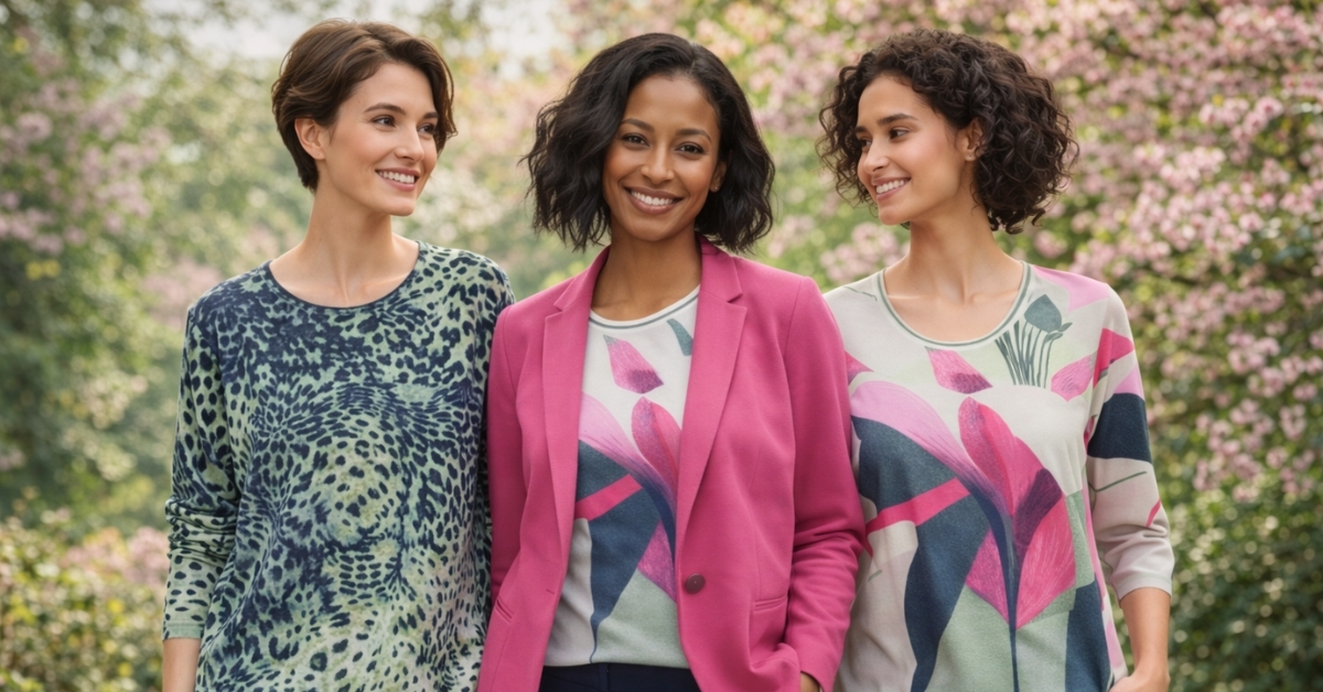 Three women wearing Olsen Spring Garden Collection floral tops in a blooming garden setting