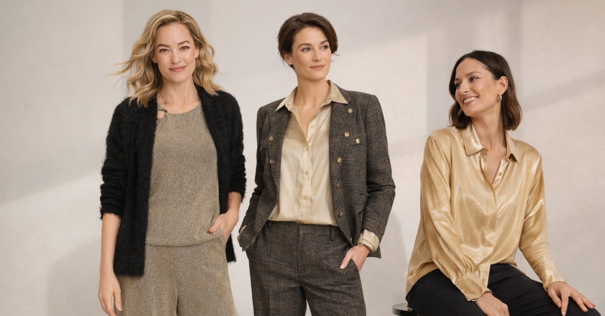 Three women wearing Olsen Designer Choice outfits showcasing modern capsule wardrobe styles in neutral tones
