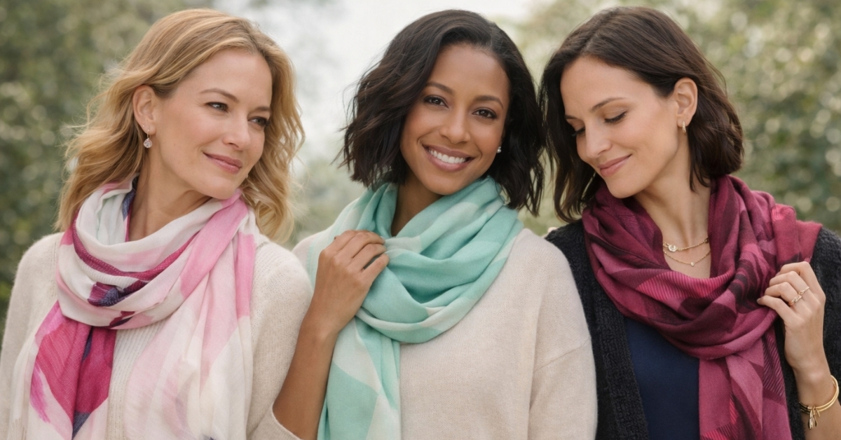 Women styling Olsen Accessories scarves with casual knit outfits outdoors