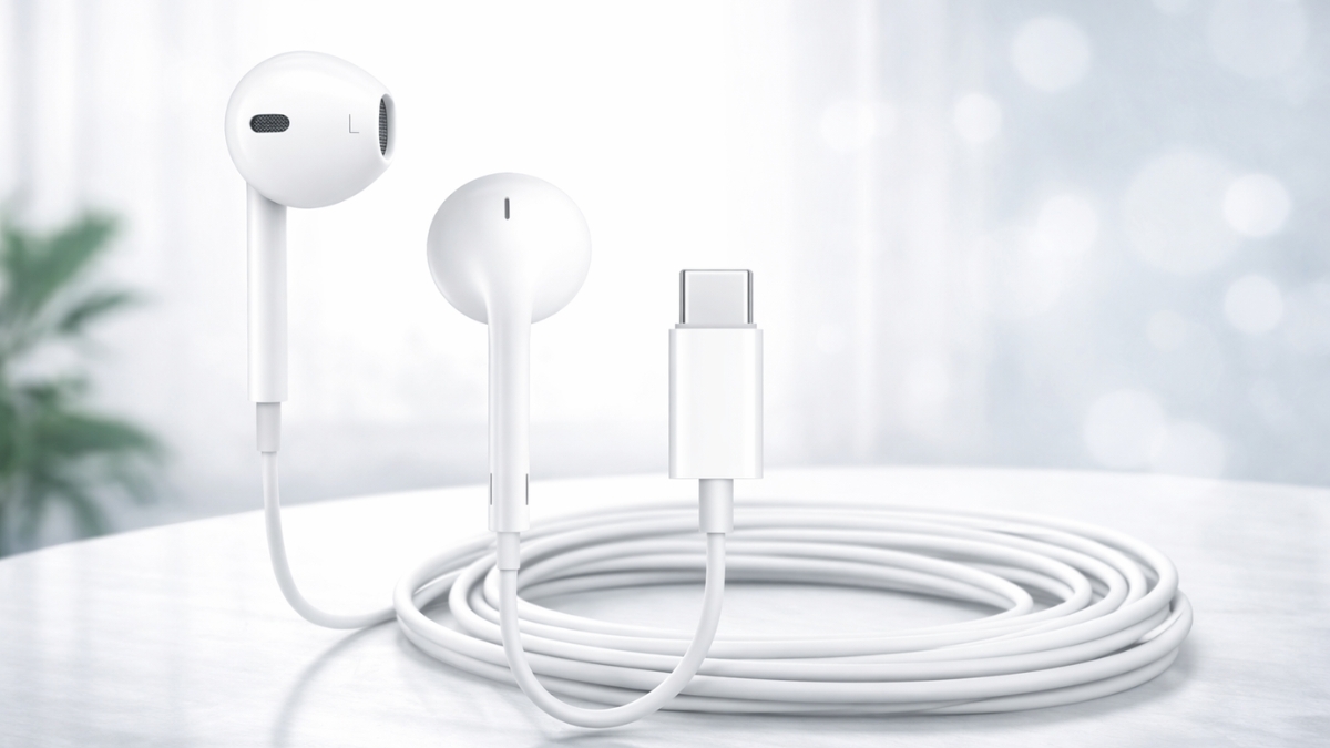 Apple EarPods Headphones with USB-C Plug featuring wired earbuds and white cable on desk